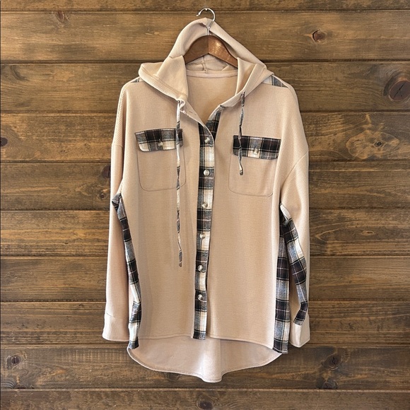 Plaid Accent Waffle Button Down Shirt - Tan - Picture 2 of 7